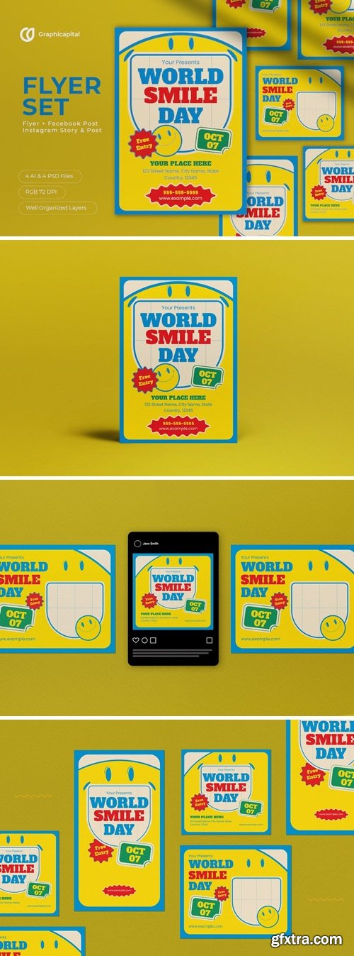 Yellow Flat Design World Smile Day Flyer Set FJR58FL