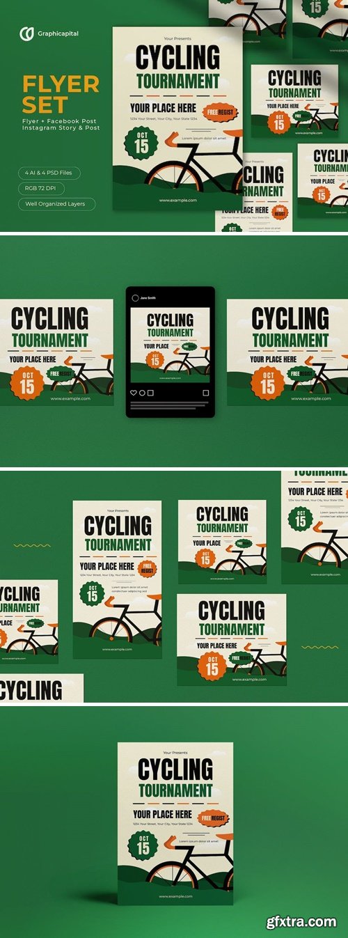 Green Flat Design Cycling Tournament Flyer Set GBBGAKB