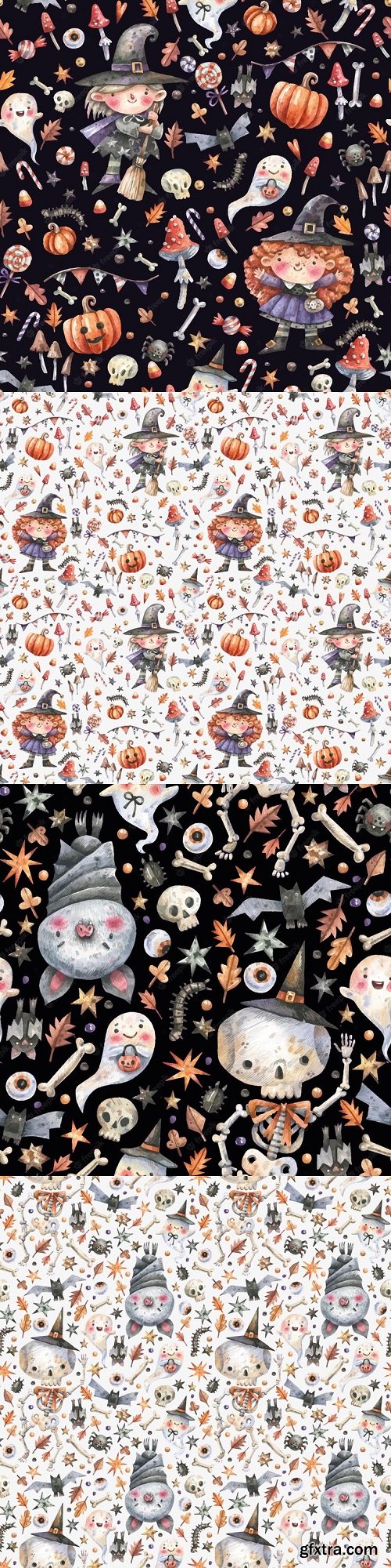 Seamless halloween pattern with skeletons, skulls, bats in cartoon style