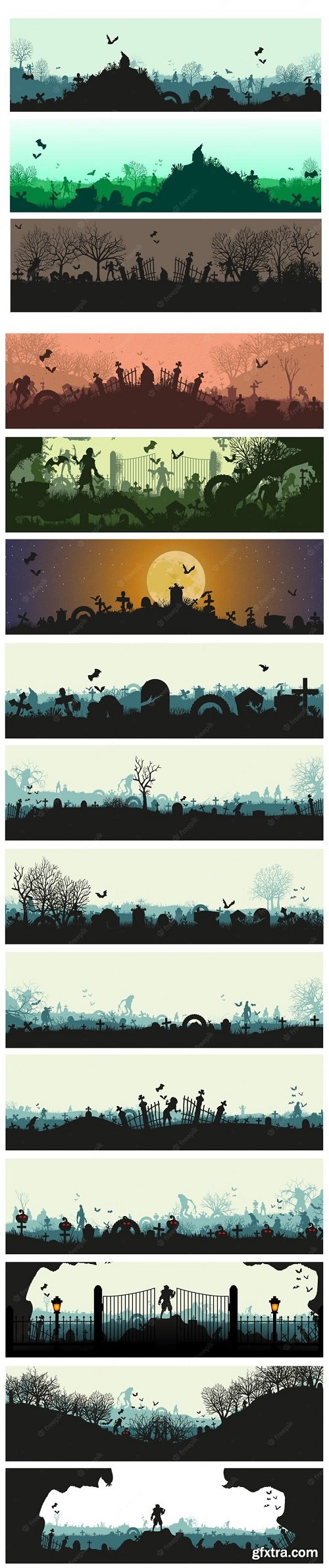 Set of panoramas with cemeteries halloween theme of scary cemeteries vector graphics