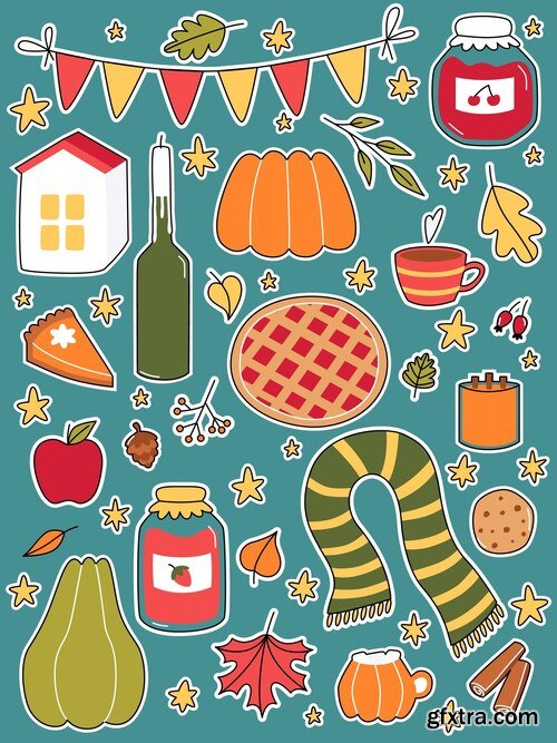 Set autumn stickers cozy warm fall cute cottegecore symbols
