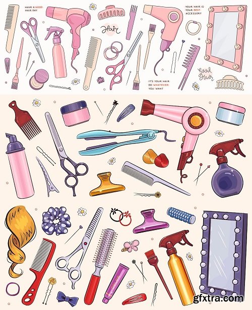 Sketches hairdressing salon objects set