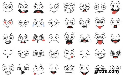 Expressive eyes and mouth, smiling, crying and surprised character face expressions vector illustration set
