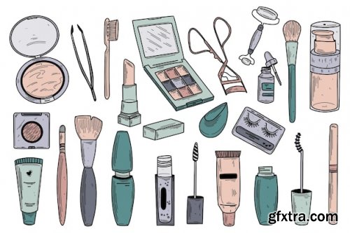 Make up doodle set with lipstick cream mascara shades brushes make up and cosmetic