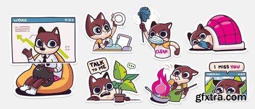 Illustration of a cat busy with remote work and daily household chores