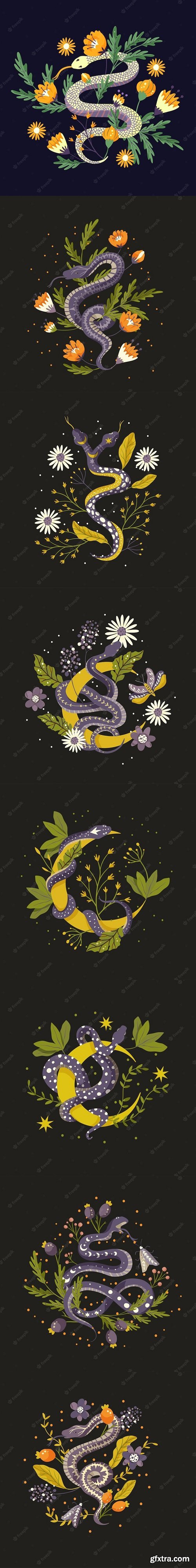 Snake floral background vector snake flower magic art