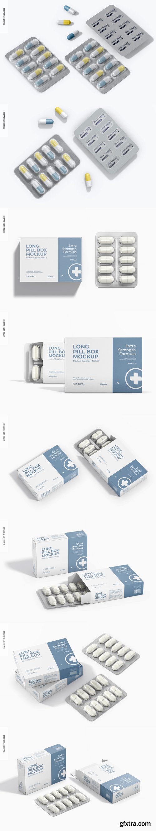 Long pills box and Blister capsules mockup