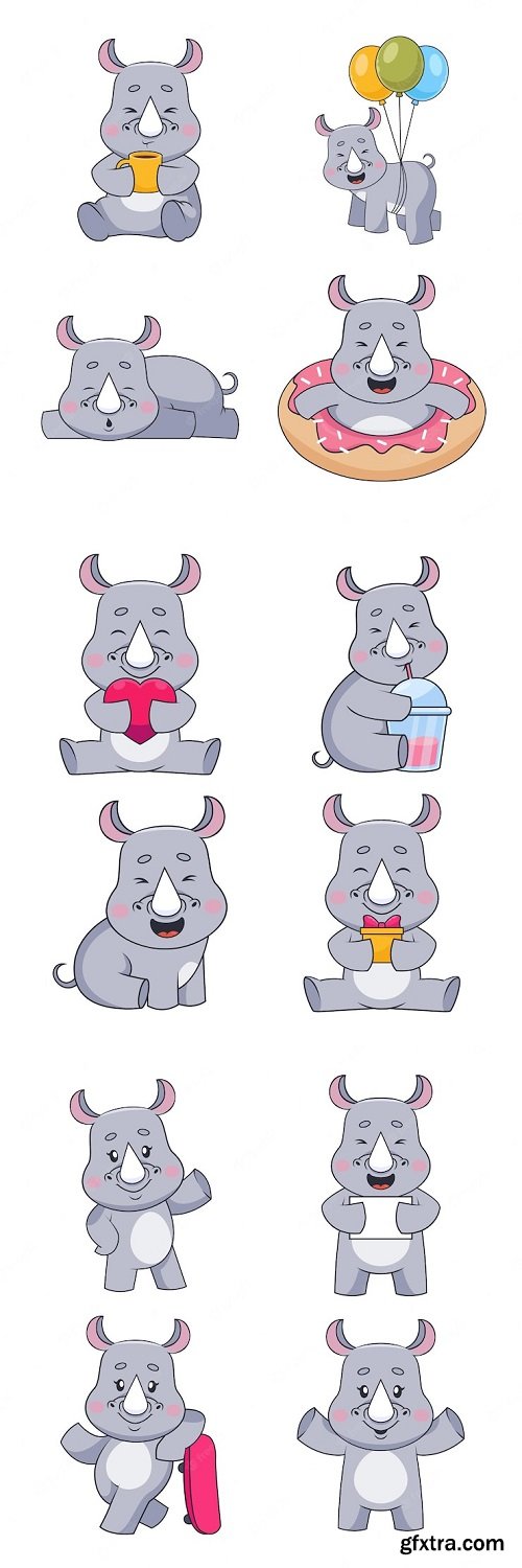 Set of cute handdrawn rhinoceroses