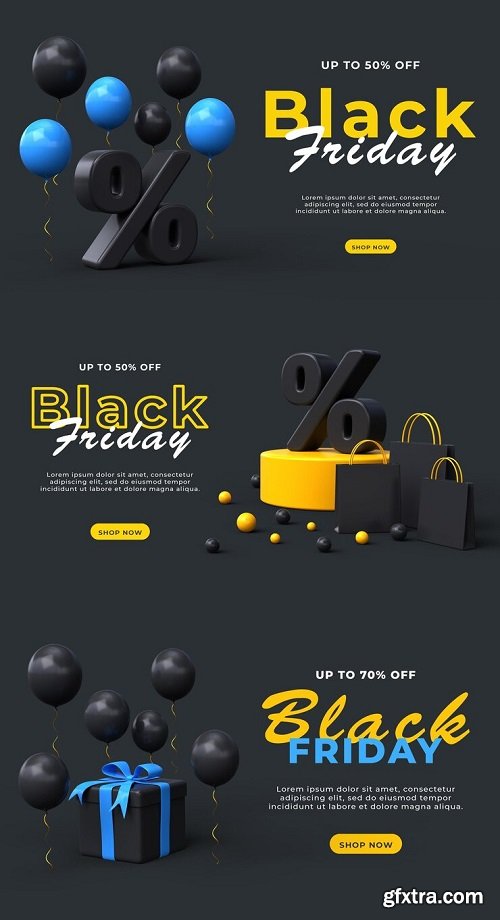 Black friday sale banner template with balloons and confetti 50 percent discount 3d render