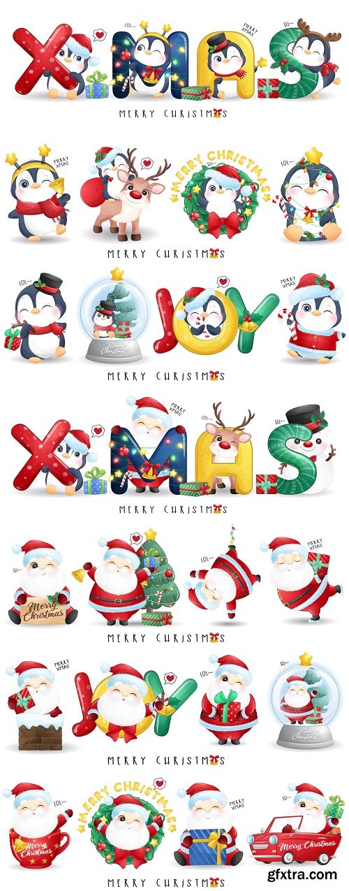 Cute doodle penguin & Santa for merry christmas illustration set