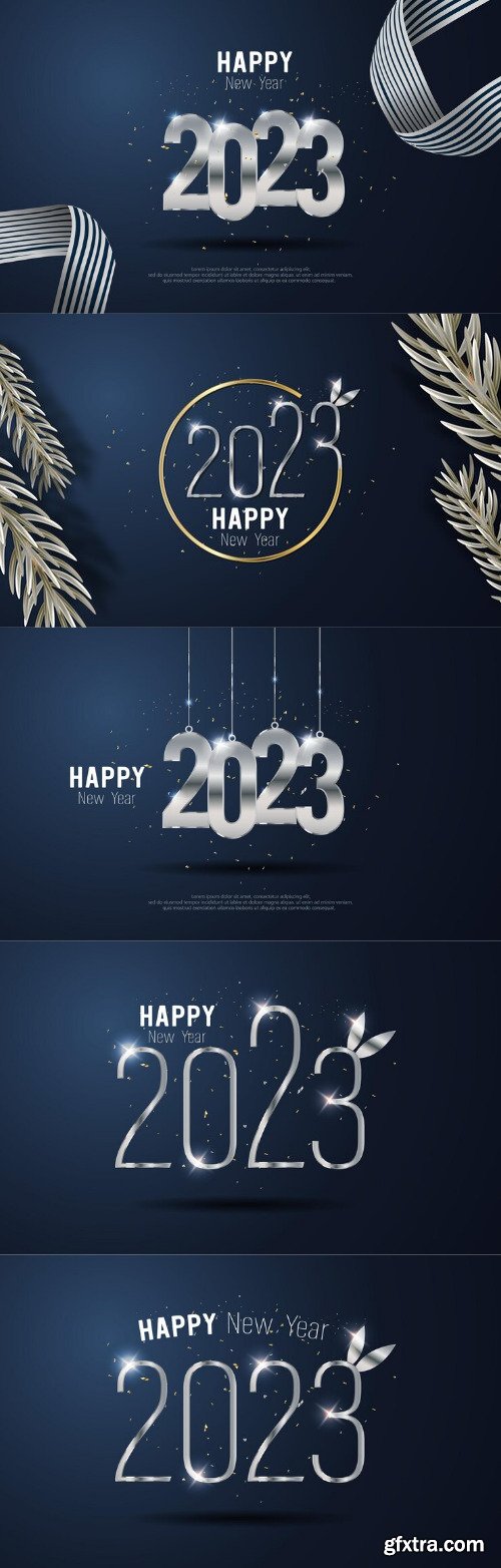 Happy new year 2023 hanging metal number and strew ribbon on blue gradient background