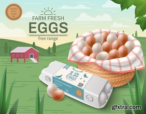 Farm fresh chicken eggs realistic poster with package mockup and basket against rural landscape background vector illustration