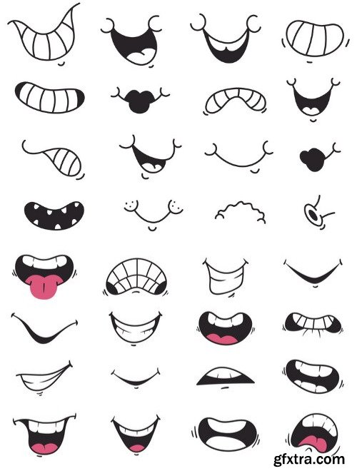 Mouth smile cute cartoon doodle face expression isolated set