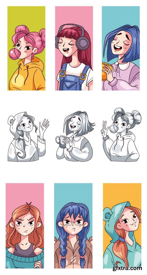 Anime manga japan girls woman cute characters cards isolated set graphic design element