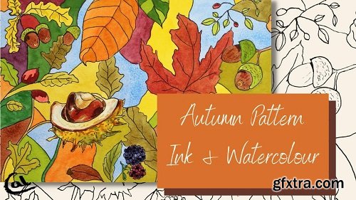 Ink & Watercolour - Autumn pattern illustration with abstract background - Relaxing art project