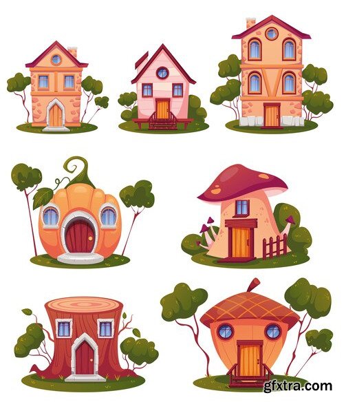 Fantasy little magical elf dwarf houses isolated set flat graphic design illustration