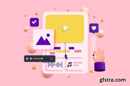 Music video edits cuts footage and marketing on computer monitor motion vlog movie cartoon minimal style