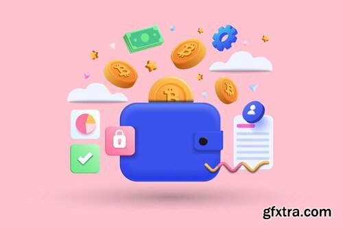 Blue bitcoin wallet with coins and cash isolated on pink background online shop