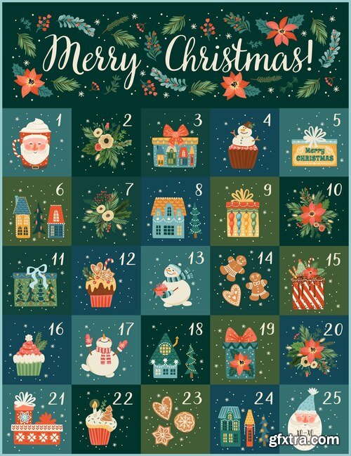 December advent calendar cute christmas illusstrations with new year symbols vector design
