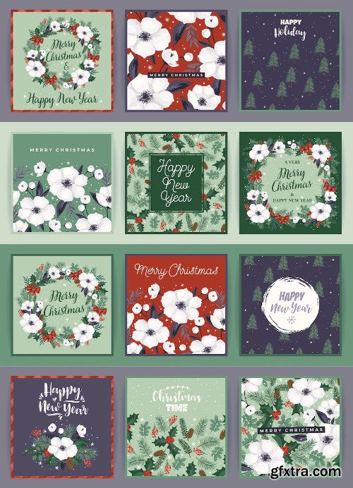 Christmas and happy new year cards with christmas tree and white flowers vector design