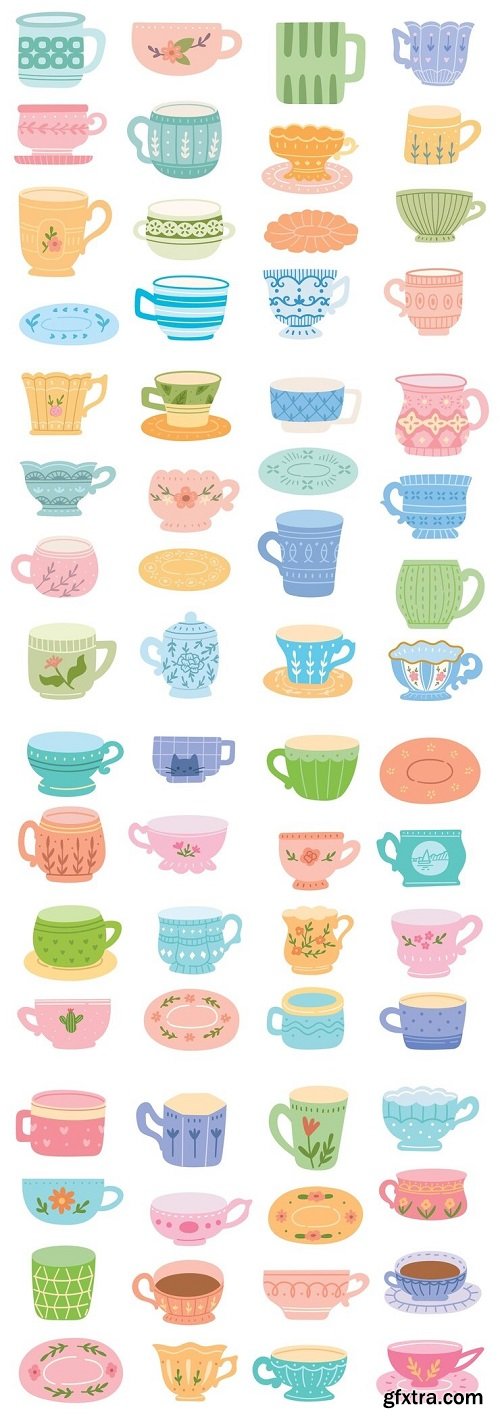 Vintage pastel color tea cup doodles vector illustration