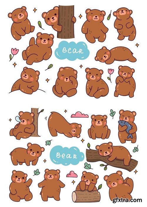 Kawaii bear cartoon doodle set