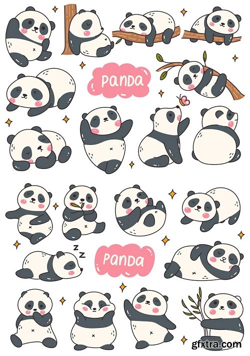 Kawaii panda cartoon doodle set