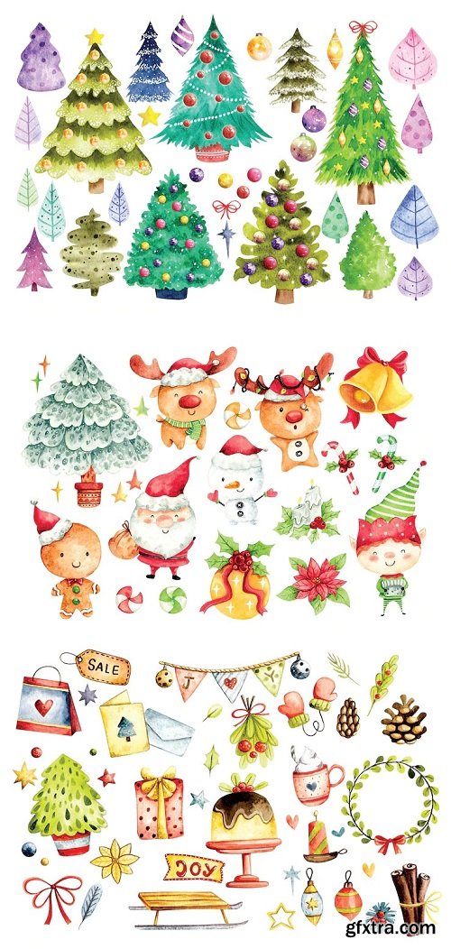 Set of christmas decoration in watercolor