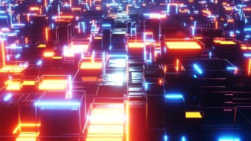 Videohive - Huge abstract digital city with orange and blue lights. Infinitely looped animation - 40738723