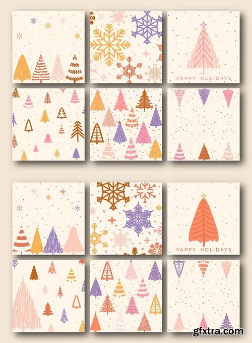 Ornate merry christmas greeting cards. trendy square winter holidays art templates.