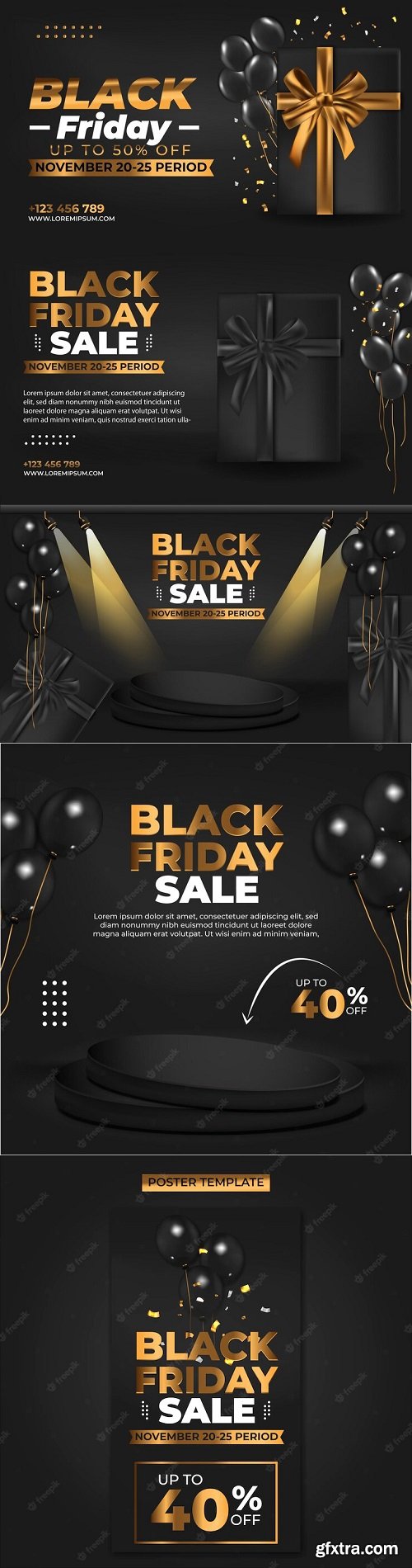 Banner black friday sale. realistic 3d design gift box, black balloon, gold bow