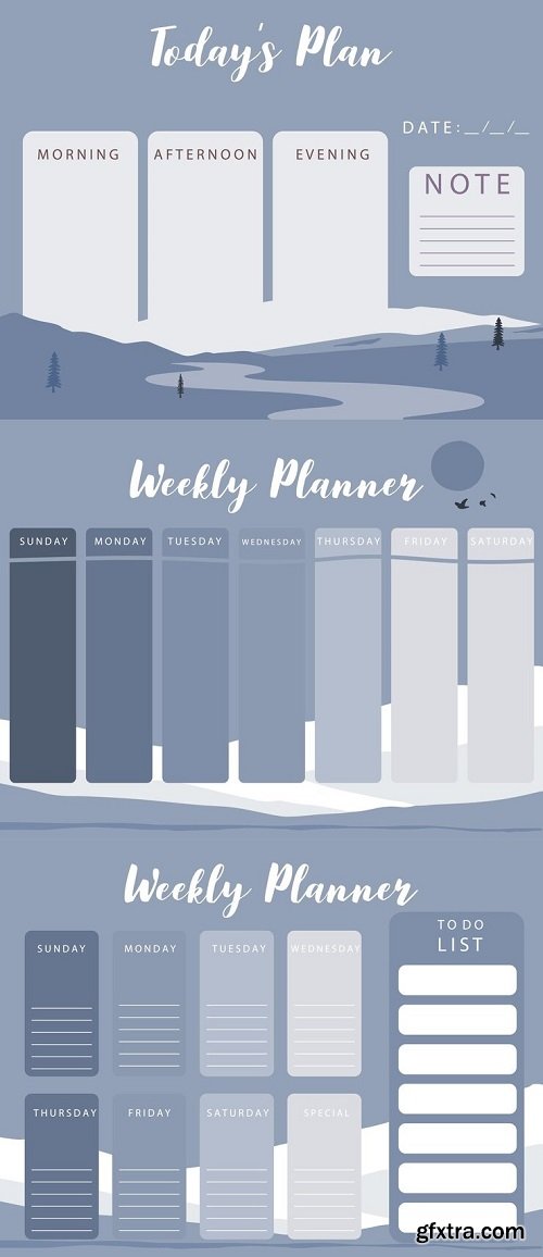 Winter planner with mountain treehill landscape