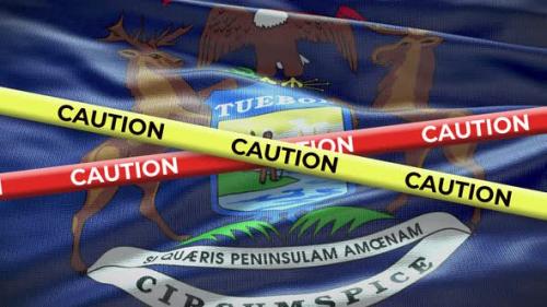 Videohive - Michigan state flag waving background with yellow caution tape animation - 40943087