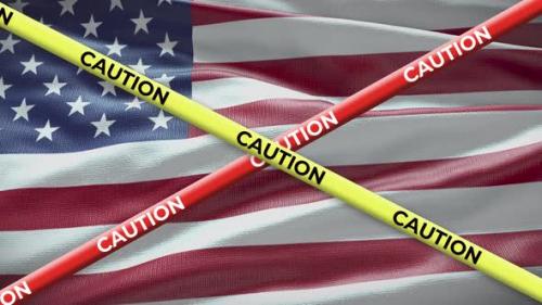 Videohive - USA United States of America national flag with caution tape animation. Social issue in country, new - 40943273