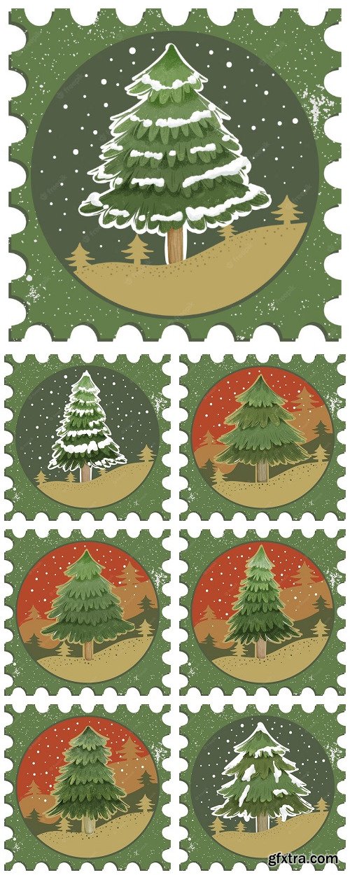 Watercolor pine tree vintage stamp for christmas greeting cards vector composition