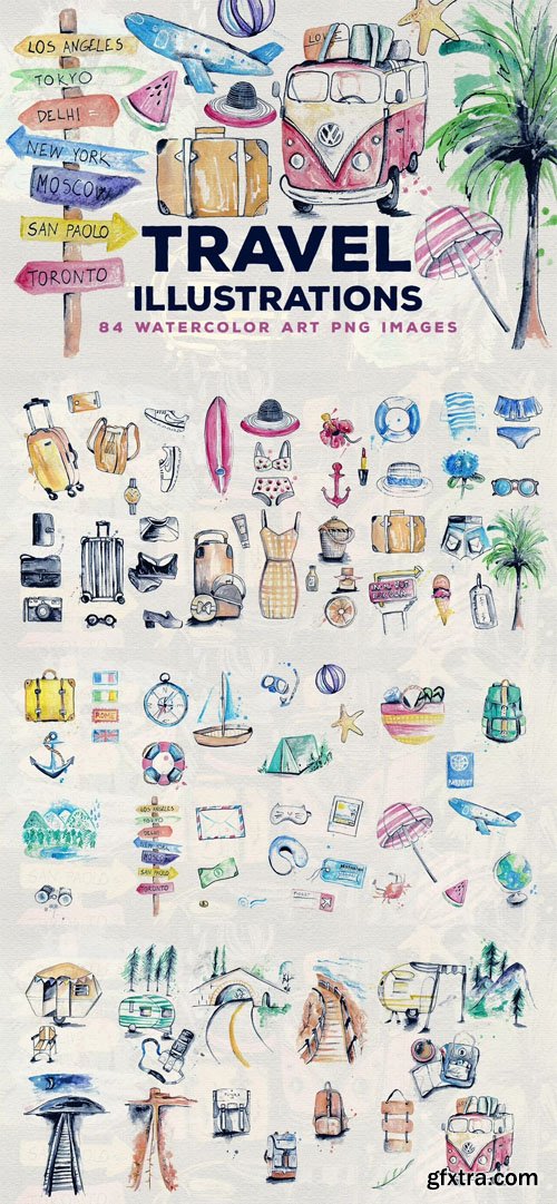 Travel Illustrations - 84 Watercolor Art PNG Images