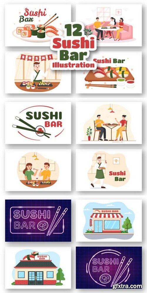 12 Sushi Bar Japan Food Illustration