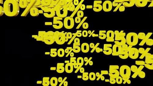 Videohive - Yellow minus fifty percent symbols fall down isolated on black background, looped 3d render - 41029923