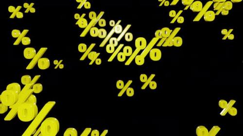 Videohive - Yellow percent symbols fall down isolated on black background, looped 3d render - 41029929