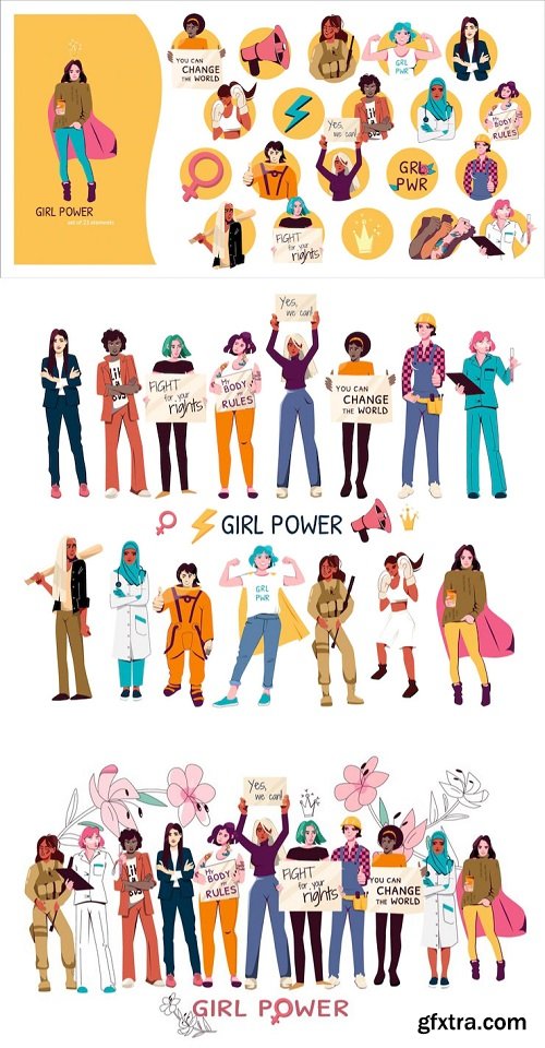 Girl power flat set of female characters