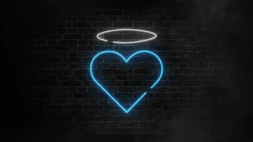 Videohive - Neon led angel heart sign with holy halo and smoke or fog effect on brick wall background - 41148641