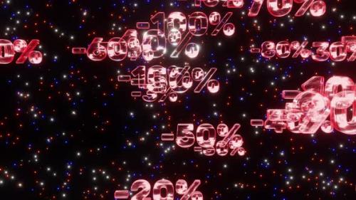 Videohive - Red neon minus random percent symbols fall down space with twinkling stars, looped 3d render - 41486215
