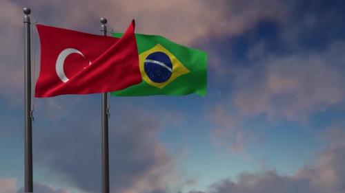 Videohive - Brazil Flag Waving Along With The National Flag Of The Turkey 4K - 41574190