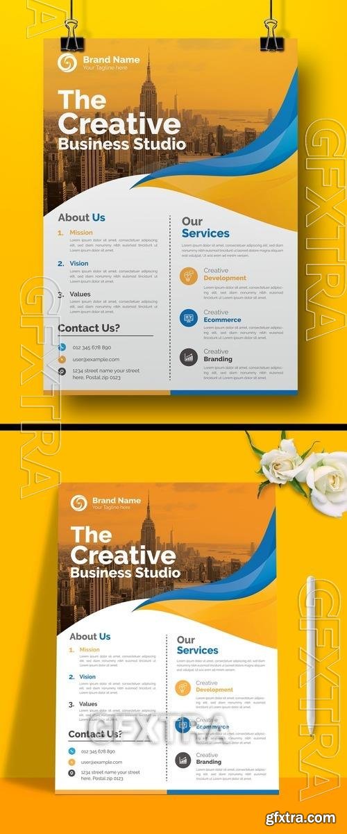 Corporate Flyer Layout with Graphic Elements and Orange Accents 517964826