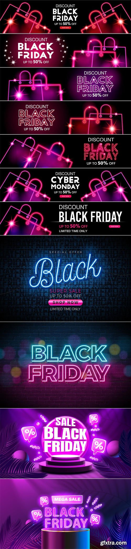 Black Friday & Cyber Monday - 11 Neon Banners Vector Templates