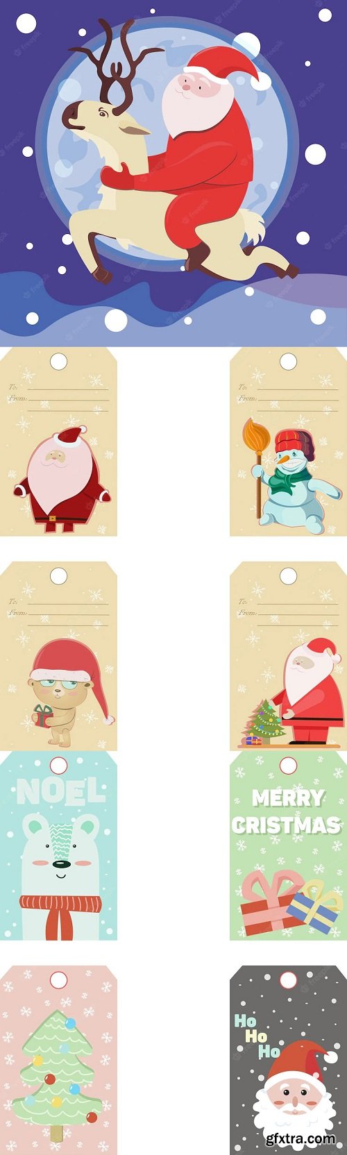 New year and christmas cards with santa, snowman and bear with gifts