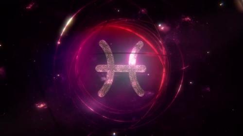 Videohive - Pisces Zodiac Sign with Golden Horoscope Ornament and Rings on Purple Galaxy Loop Background - 41719232