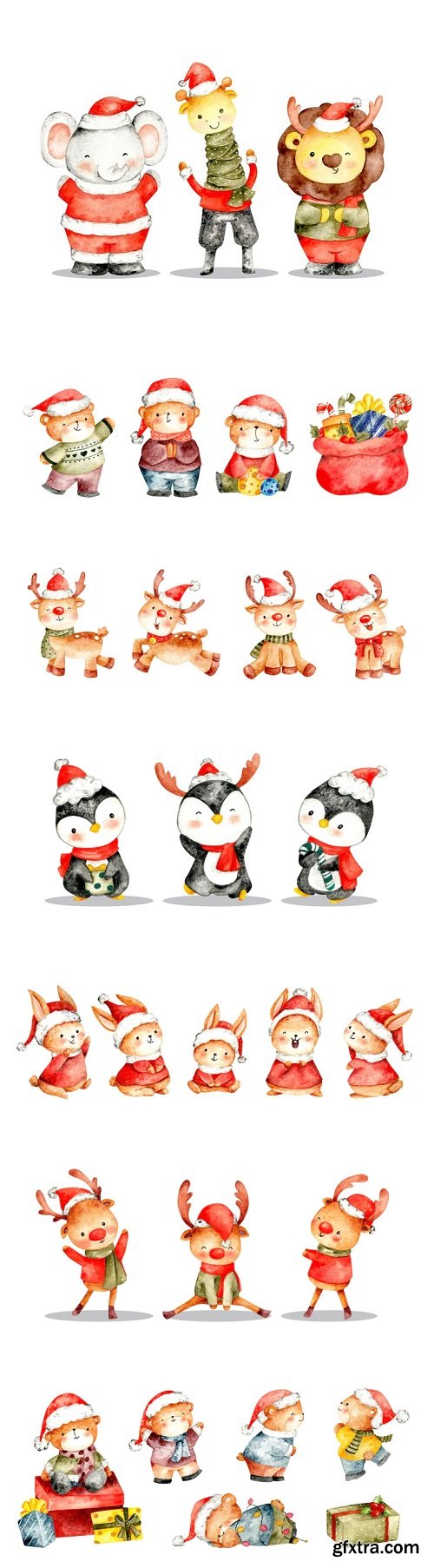 Watercolor illustration set of christmas animal characters