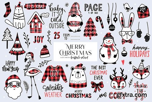Christmas doodle animals set. buffalo plaid collection with santa, xmas bear, deer, snowman, gnome and flamingo