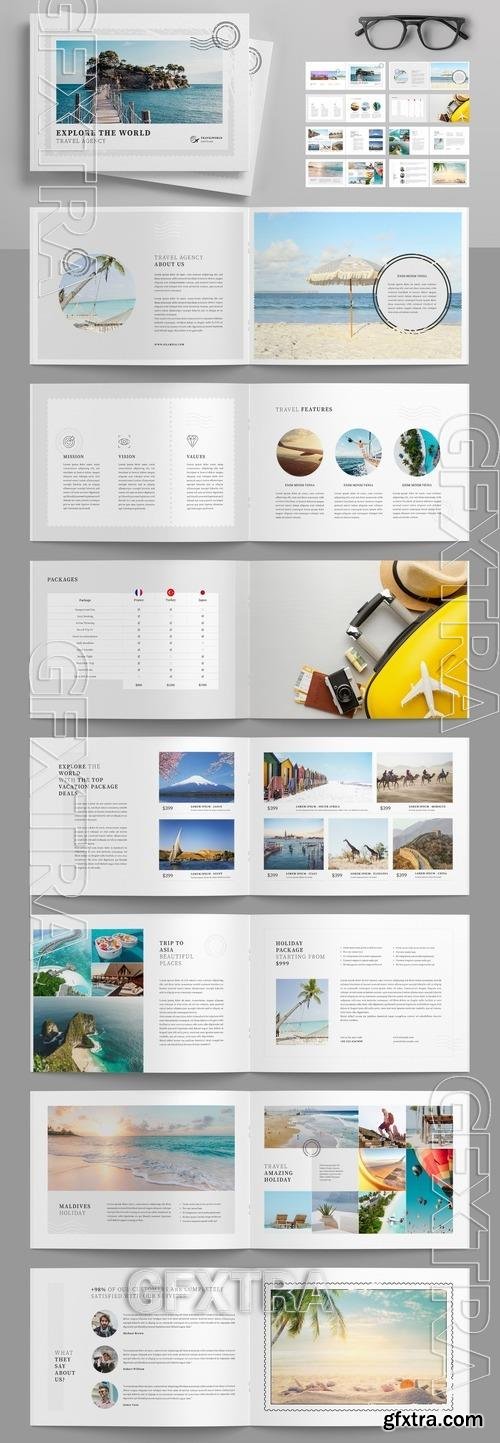 Travel Agency Brochure Layout with Postage Stamps Elements 512851429